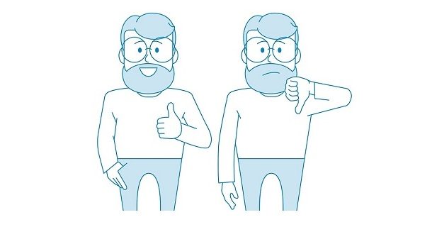 Character - a man with glasses and a beard. Like and dislike. For better or worse, approval and condemnation. Manager or office worker. Illustration in line art style
